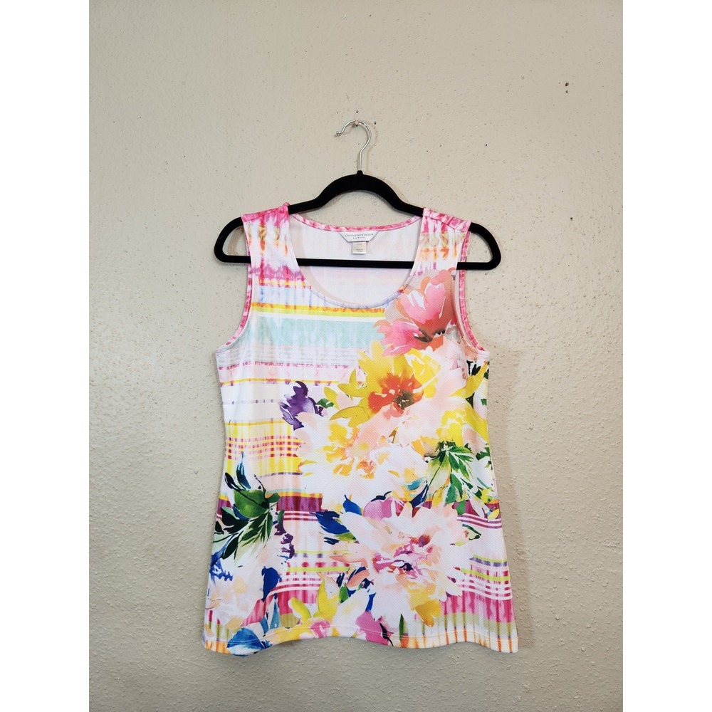 Christopher & Banks Womens PM Multicolor Tank Top Floral Stripe Scoop Neck